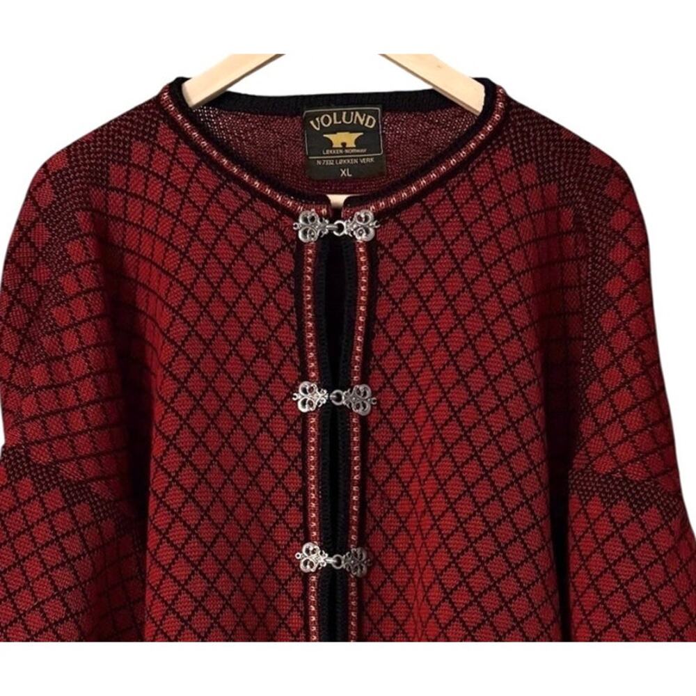 VTG Volund Norway Pure New Lambswool Nordic Cardigan Sweater Red Black XL - Picture 3 of 8